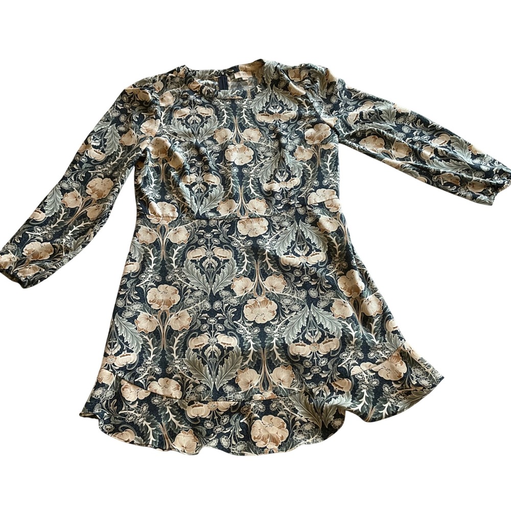 Loft Outlet Floral Long Sleeve Mini Dress Womens 16 Blue Tan Art Nouveau